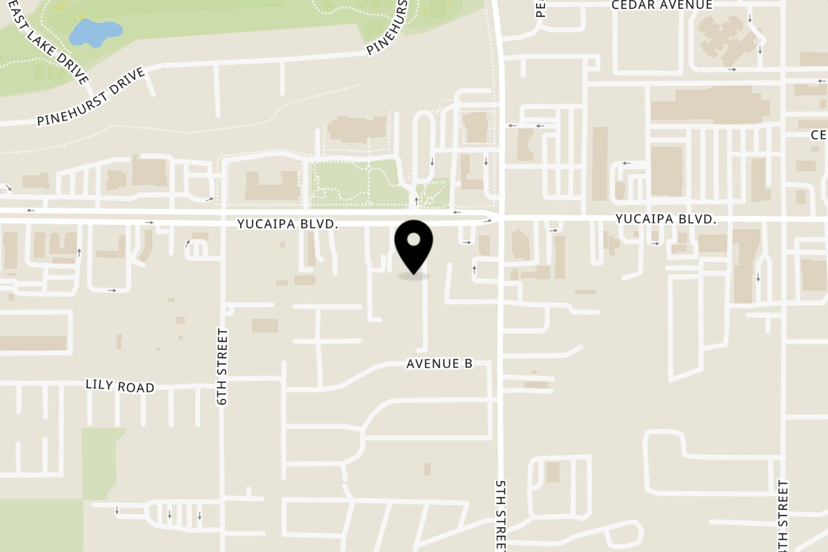 Map showing the location of Tam's Burgers on 34247 Yucaipa Blvd Ste A in Yucaipa